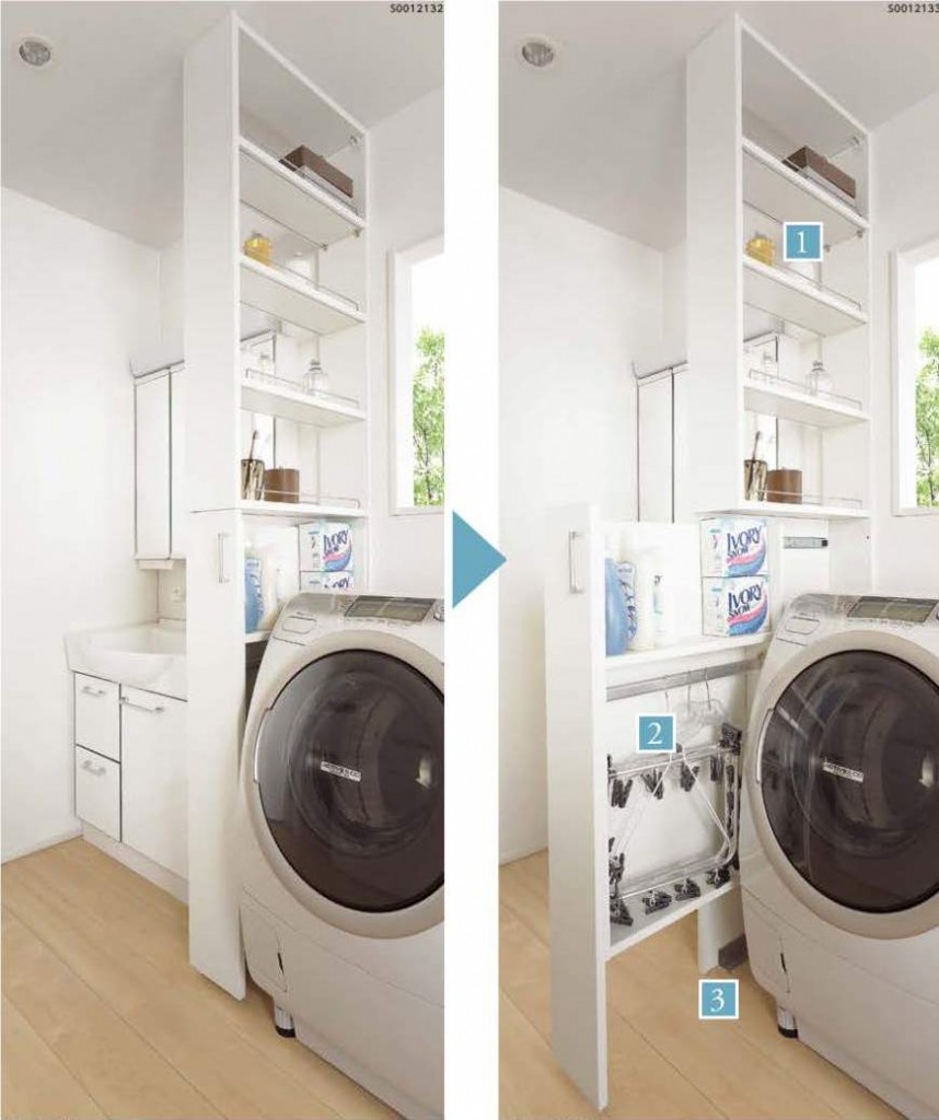 （イメージ画像）洗面収納：洗面台と洗濯機の間に洗面、洗濯、スキンケアに必要な用品をすっきり設置出来ます♪スライド収納で取り出しやすく便利です♪